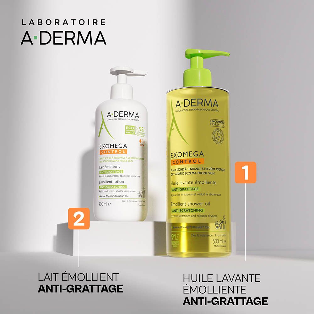 A-Derma Exomega Control Lotion Flasche und Duschöl Flasche. Beschriftung: Lait émollient, Huile lavante.