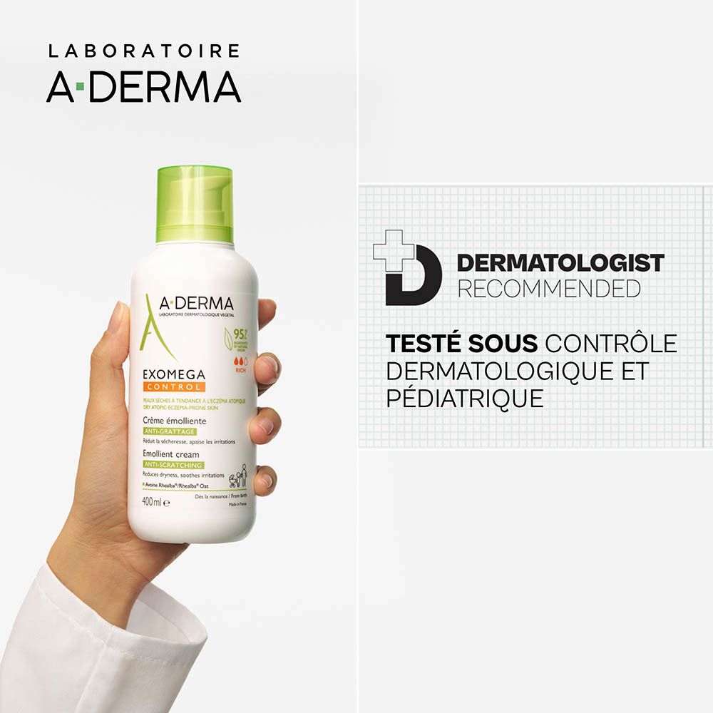 Flacon A-DERMA EXOMEGA CONTROL. Texte: Dermatologist recommended.