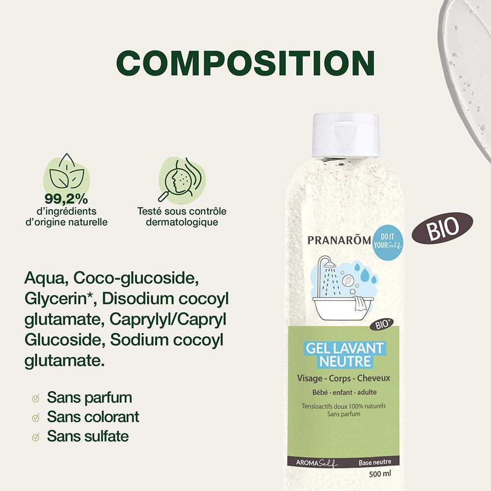 AROMASELF Gel lavant neutre BIO. Inhaltsstoffe: Aqua, Coco-Glucoside, Glycerin, etc. Ohne Parfüm, Farbstoffe, Sulfate.