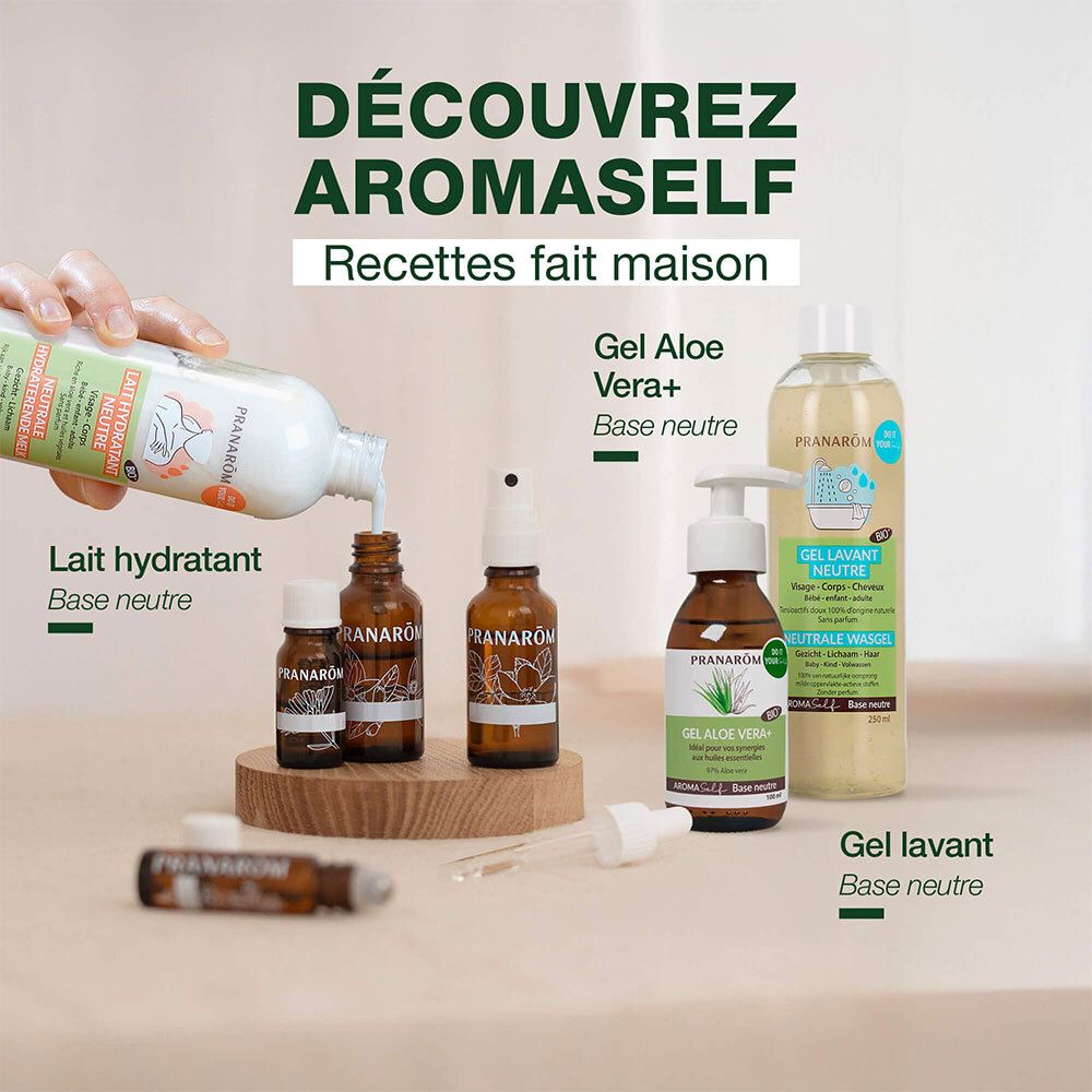 AROMASELF DIY-Rezepte. Gel Aloe Vera+, neutrale Basis, Feuchtigkeitsmilch, etc. Braune Flaschen.