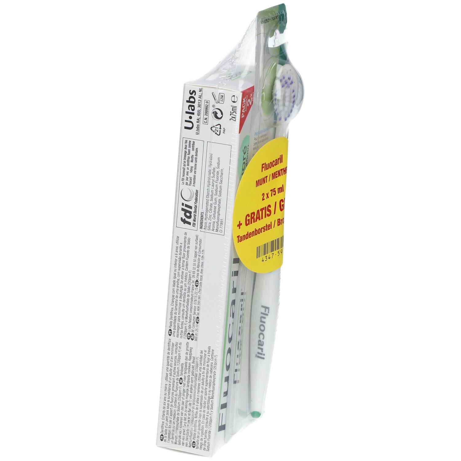 Emballage de dentifrice Fluocaril et brosse à dents. Vue latérale. Informations produit et logos visibles. Emballage transparent.