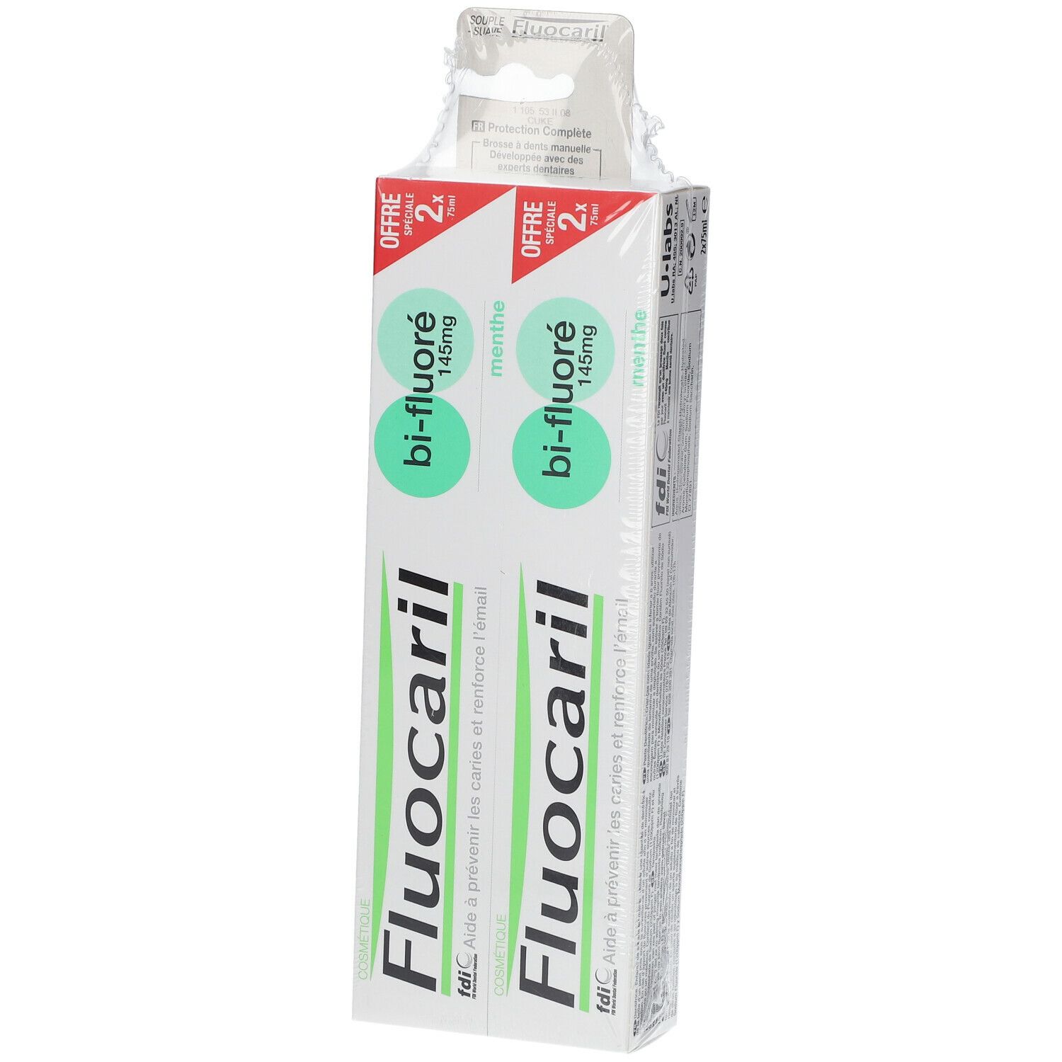 Deux tubes de dentifrice Fluocaril en emballage. Couleurs verte et blanche. Nom du produit et informations clairement visibles.
