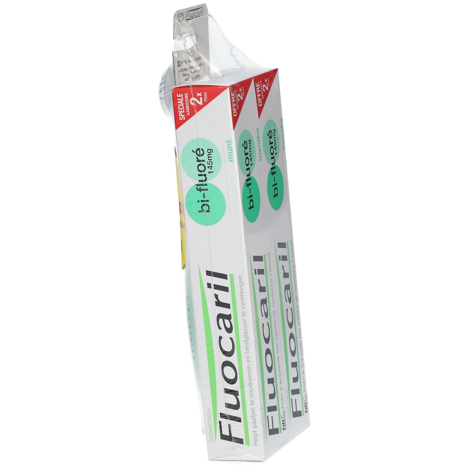 Deux tubes de dentifrice Fluocaril en emballage. Vue en biais. Nom du produit et informations clairement visibles. Emballage transparent.