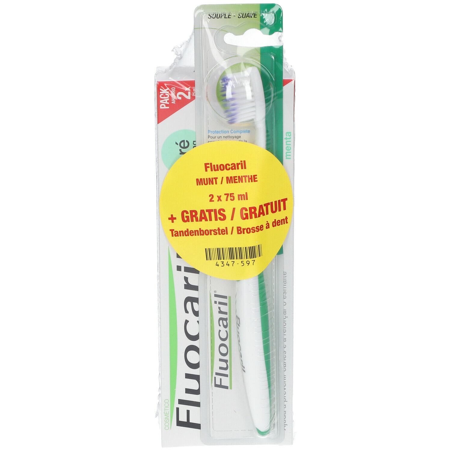 Emballage de dentifrice Fluocaril et brosse à dents. Autocollant jaune avec informations produit. Brosse à dents verte et blanche visible.