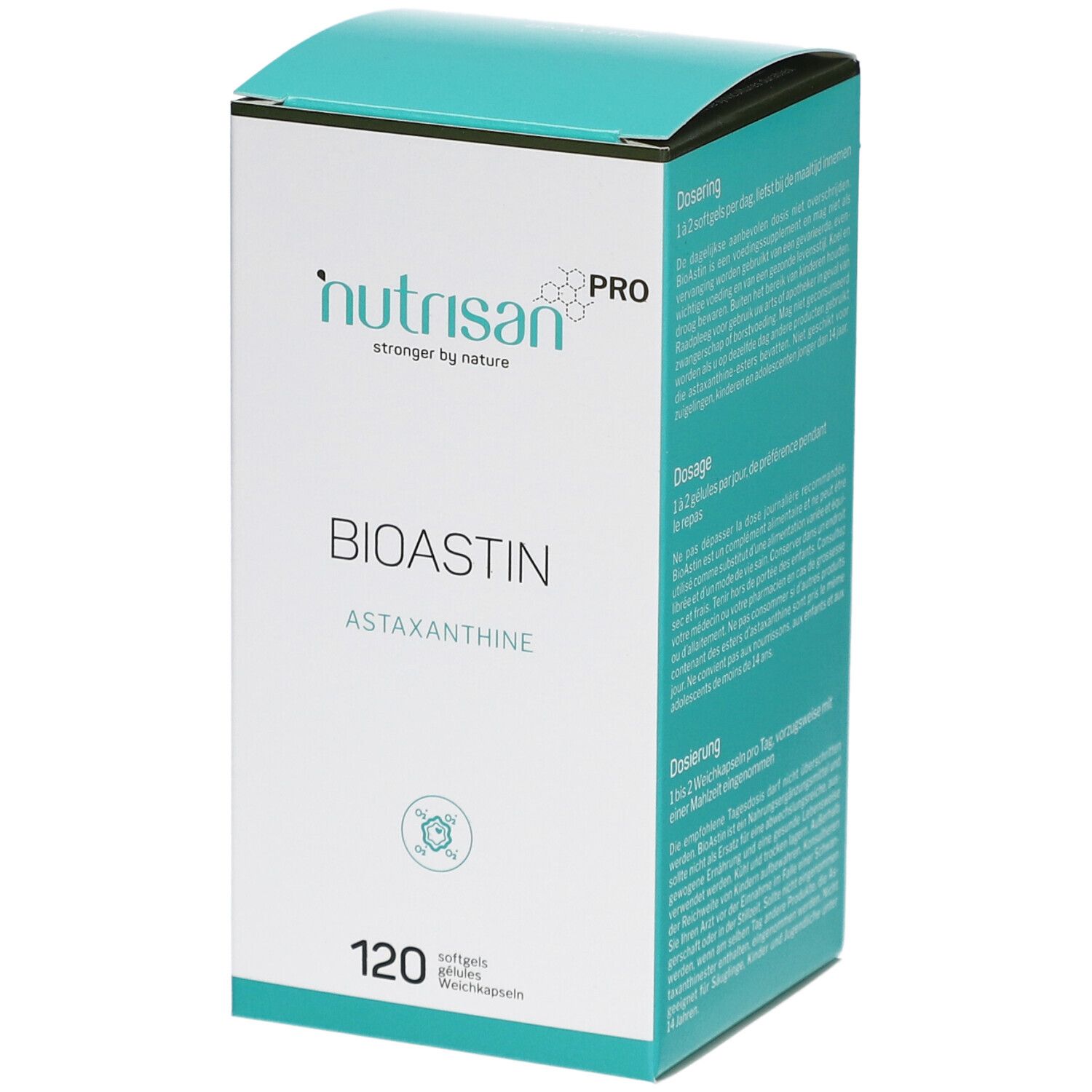 Verpackung von Nutrisan Pro BioAstin. Weißer Karton mit türkisfarbenem Deckel. Aufschrift: BIOASTIN, Astaxanthin, 120 Weichkapseln.