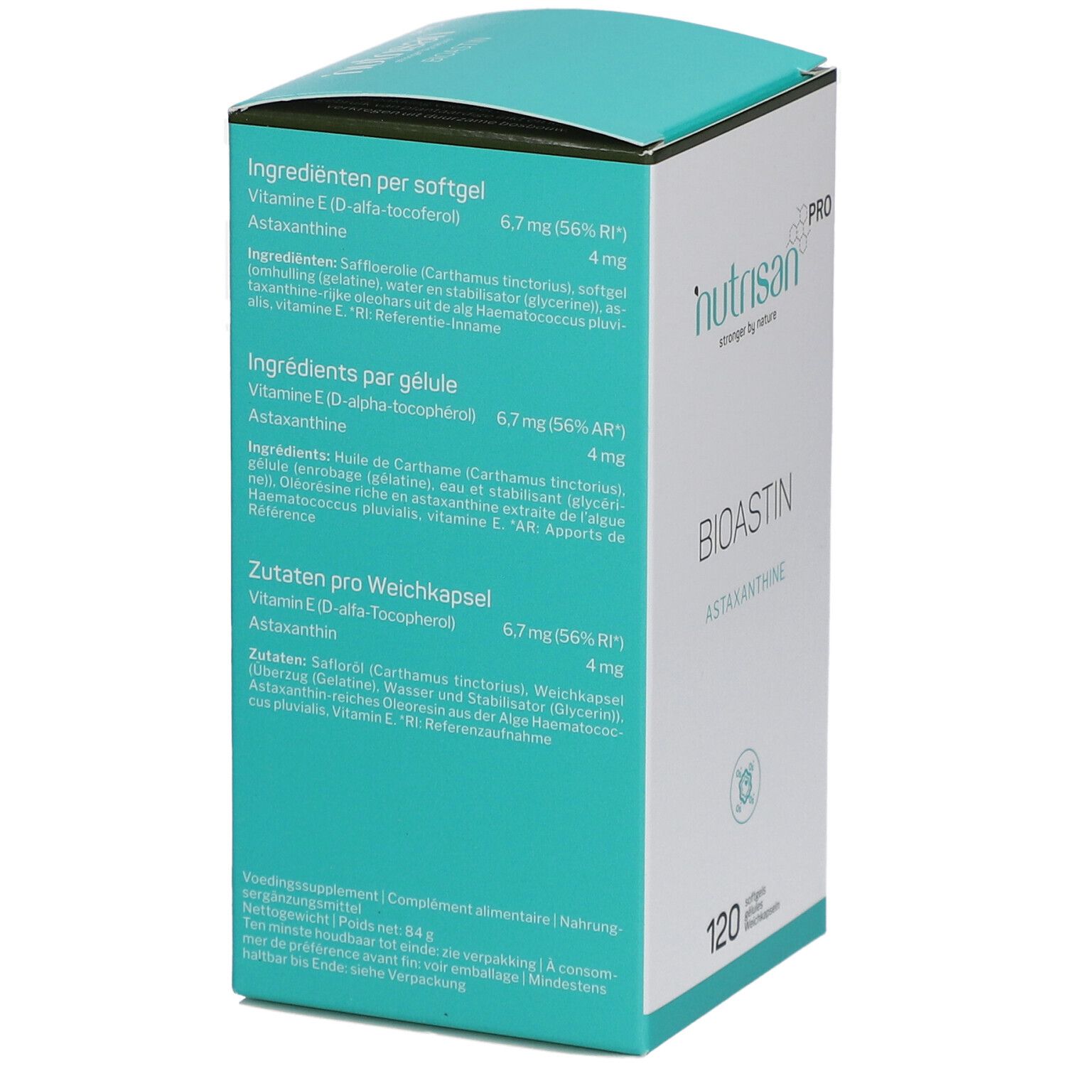 Rückseite der Nutrisan Pro BioAstin Verpackung. Enthält Informationen zu Inhaltsstoffen und Nährwerten. Türkisfarbener Hintergrund.
