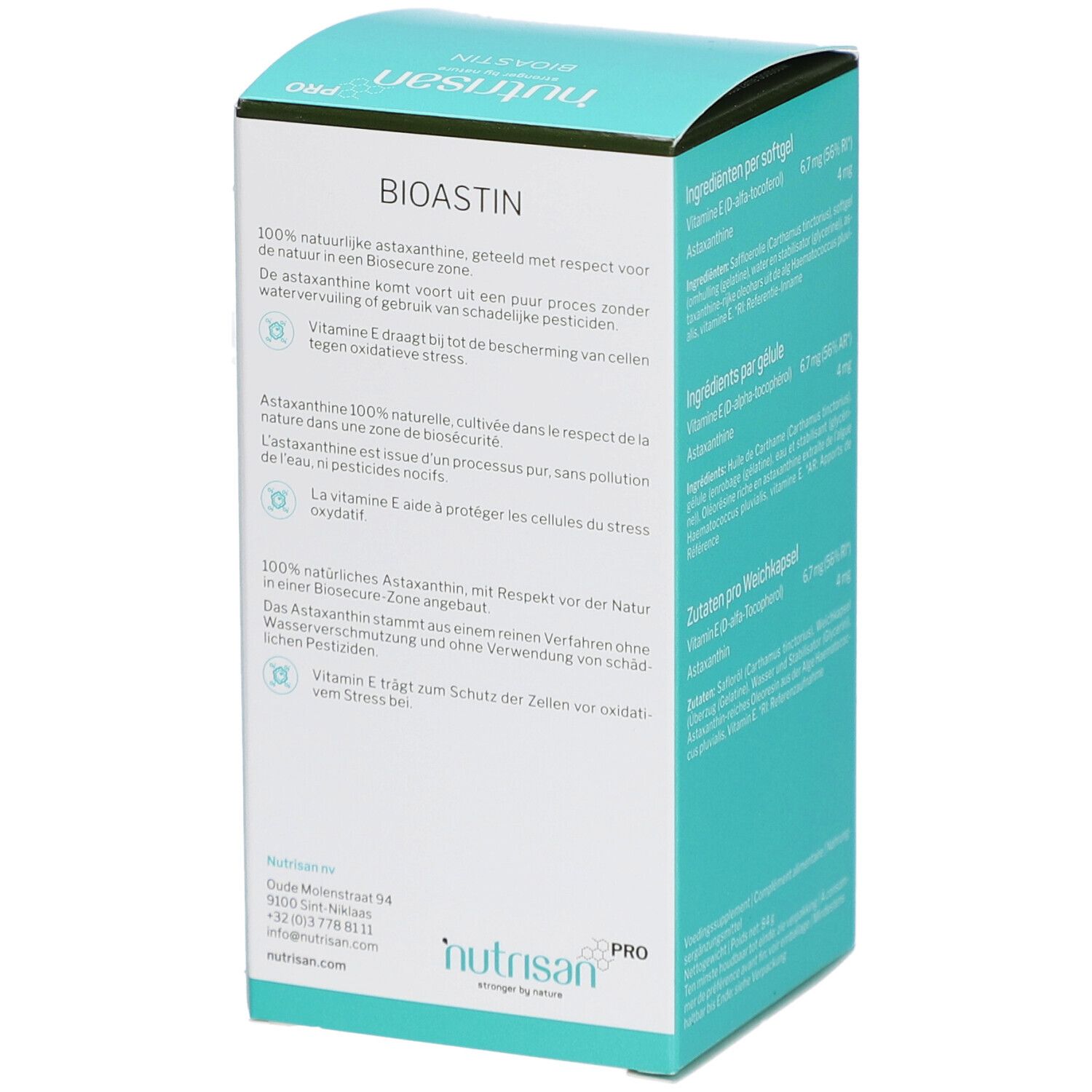 Seite der Nutrisan Pro BioAstin Verpackung. Text über Astaxanthin und Vitamin E. Türkisfarbener Hintergrund.