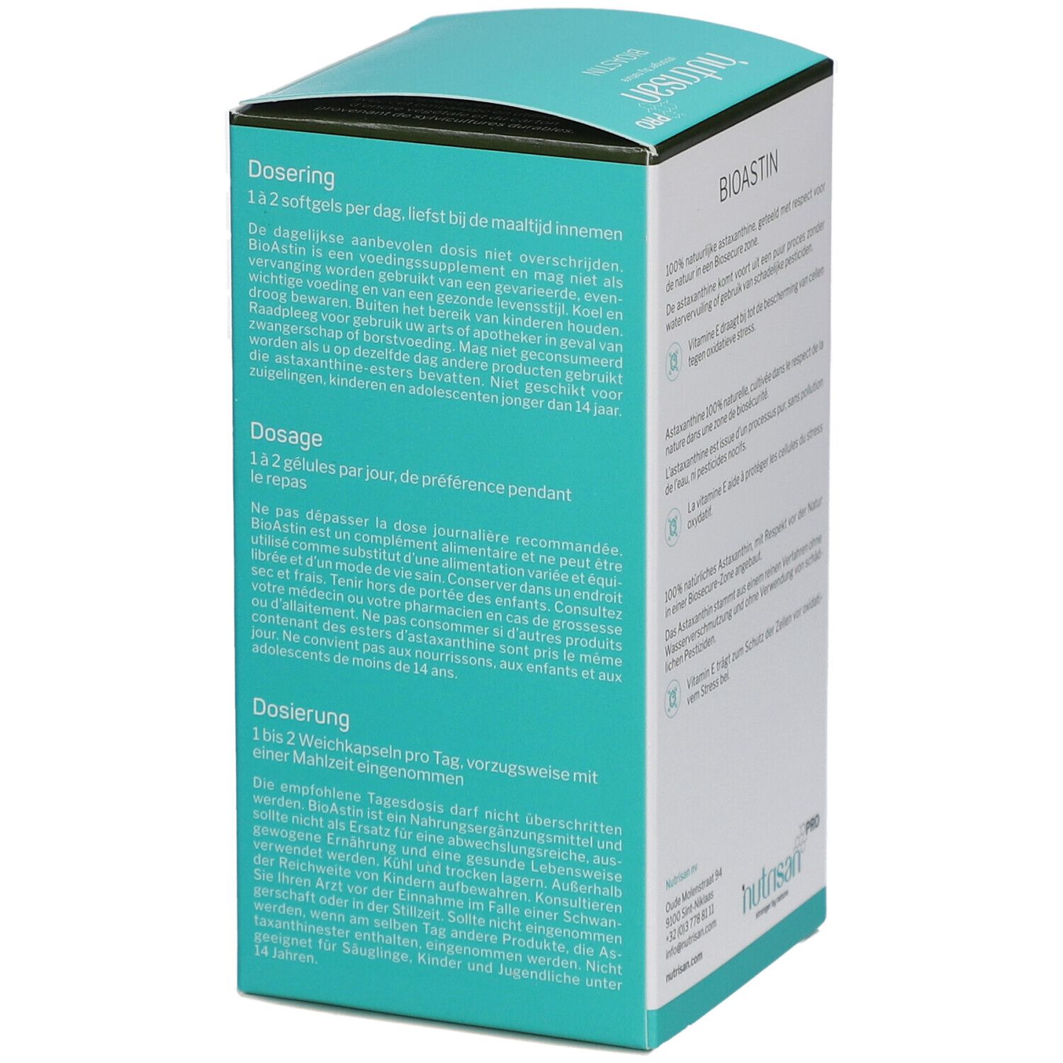 Seite der Nutrisan Pro BioAstin Verpackung. Dosierungshinweise in mehreren Sprachen. Türkisfarbener Hintergrund.