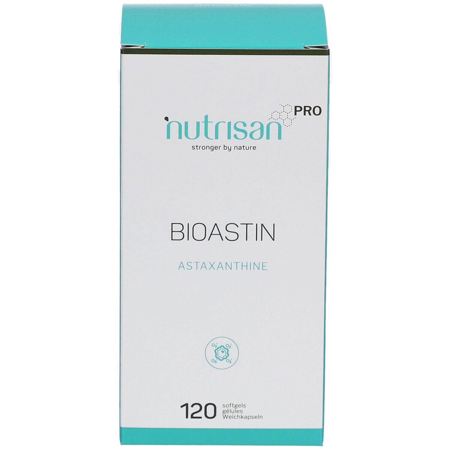 Vorderansicht der Nutrisan Pro BioAstin Verpackung. Weißer Karton mit türkisfarbenem Deckel. Aufschrift: BIOASTIN, Astaxanthin, 120 Weichkapseln.