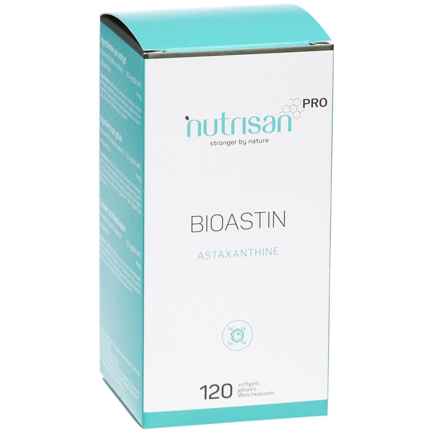 Schrägansicht der Nutrisan Pro BioAstin Verpackung. Weißer Karton mit türkisfarbenem Deckel. Aufschrift: BIOASTIN, Astaxanthin, 120 Weichkapseln.