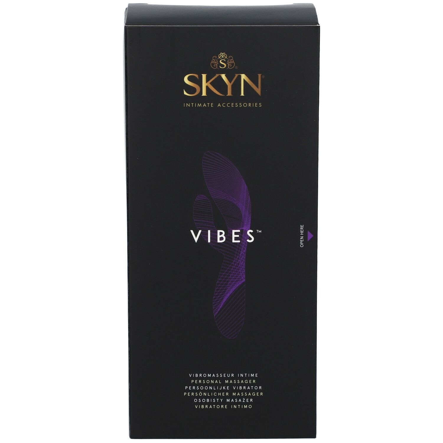 Schwarze Verpackung mit SKYN-Logo und VIBES-Schriftzug. Lila Wellenmuster. Text: Intim-Vibrator.