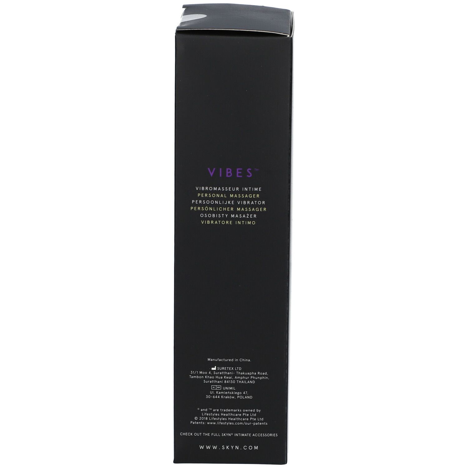 Schwarze Verpackung, Seitenansicht. Text: VIBES, Vibrateur intime, etc. Website-Adresse: skyn.com.