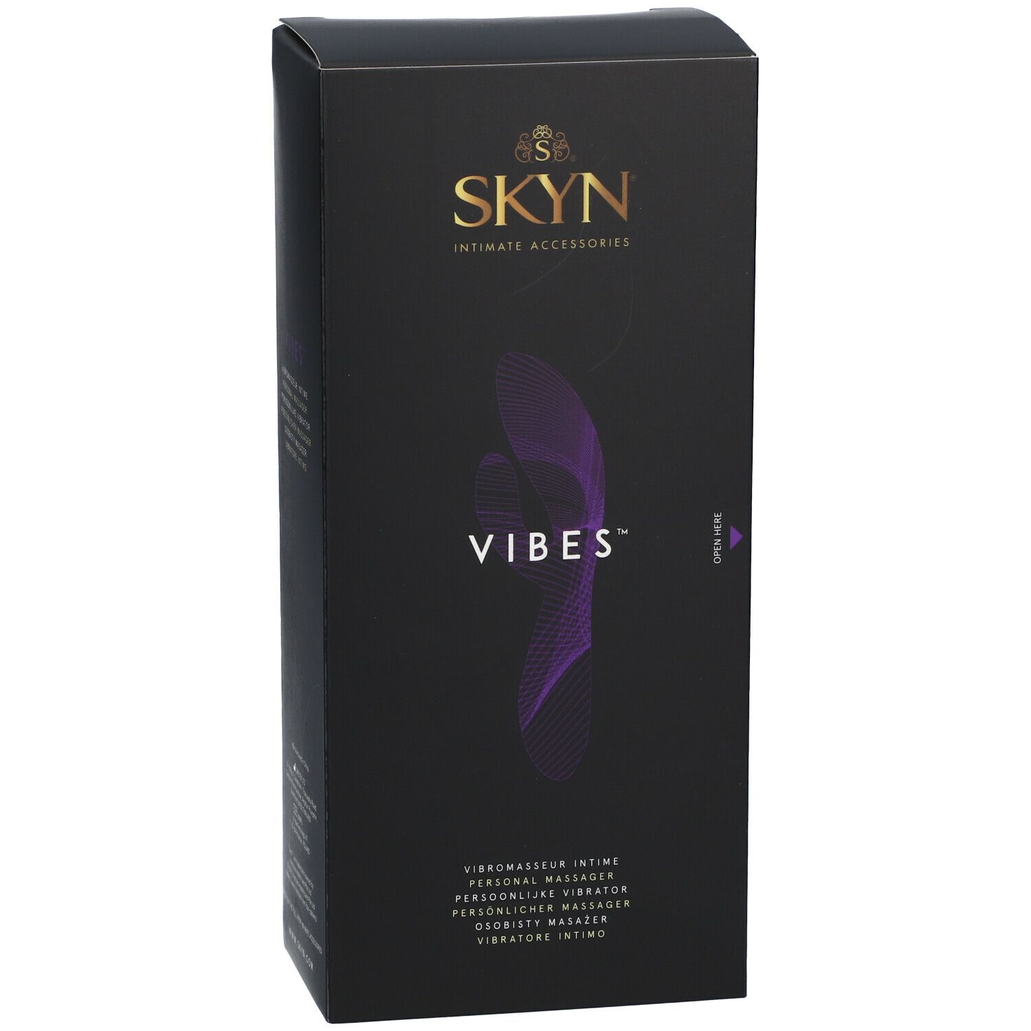 Schwarze Verpackung mit SKYN-Logo und VIBES-Schriftzug. Lila Wellenmuster. Text: Intim-Vibrator.