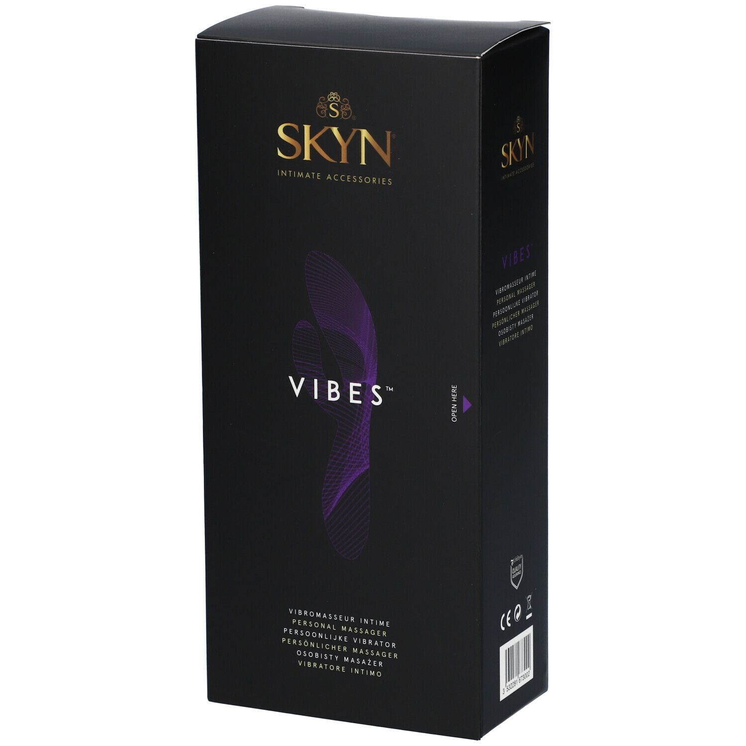Schwarze Verpackung mit SKYN-Logo und VIBES-Schriftzug. Lila Wellenmuster. Text: Intim-Vibrator. CE-Zeichen.