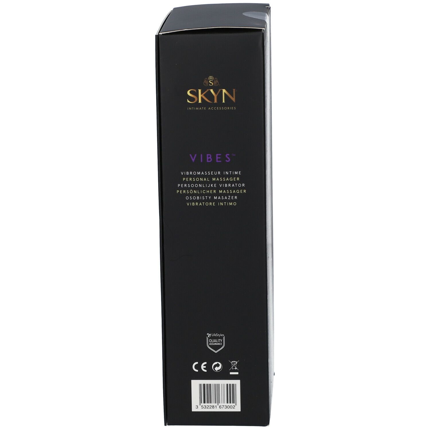Schwarze Verpackung, Seitenansicht. Text: VIBES, Vibrateur intime, etc. CE-Zeichen und Barcode.