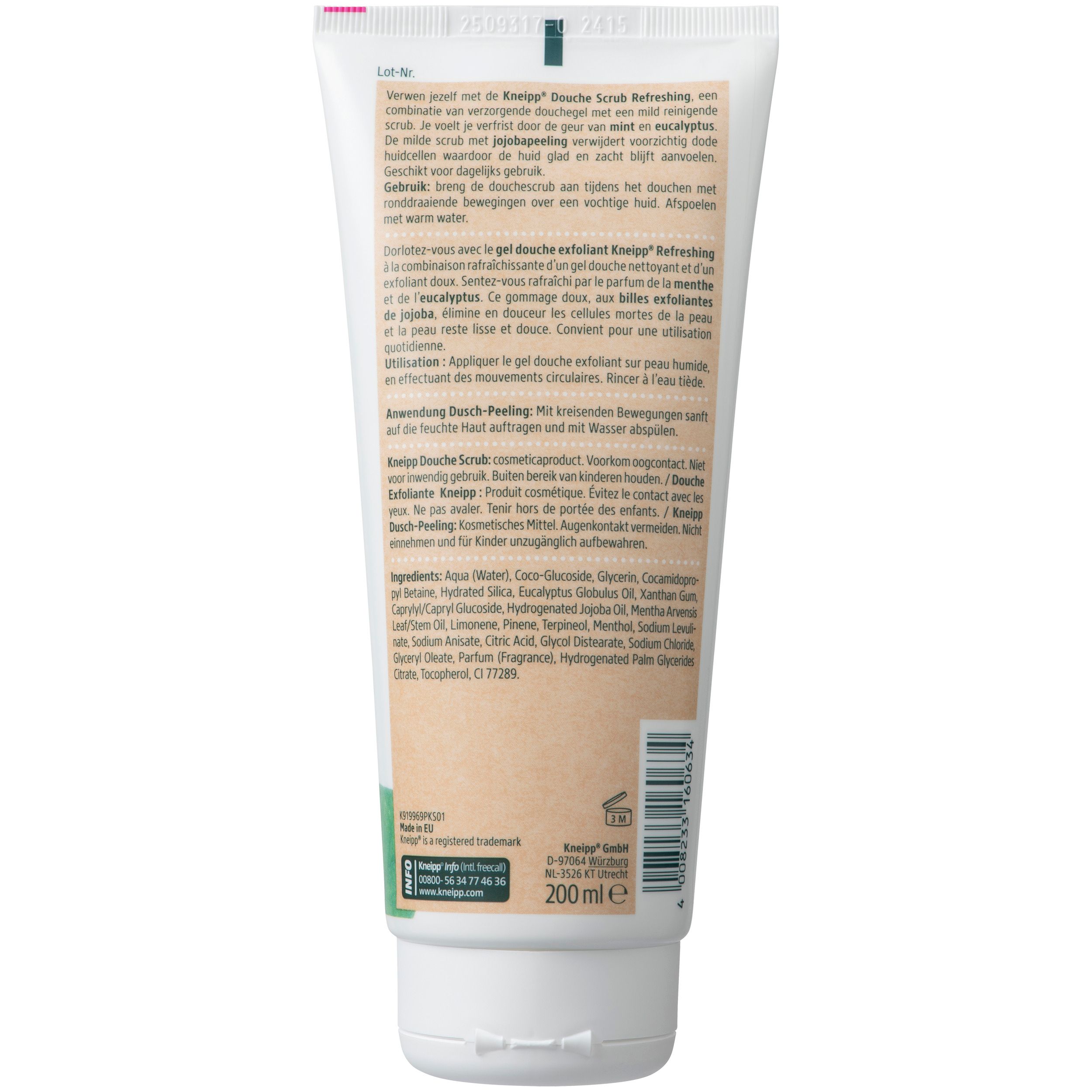 Dos du tube. Texte en allemand, français, italien et néerlandais. Ingrédients et informations fabricant.