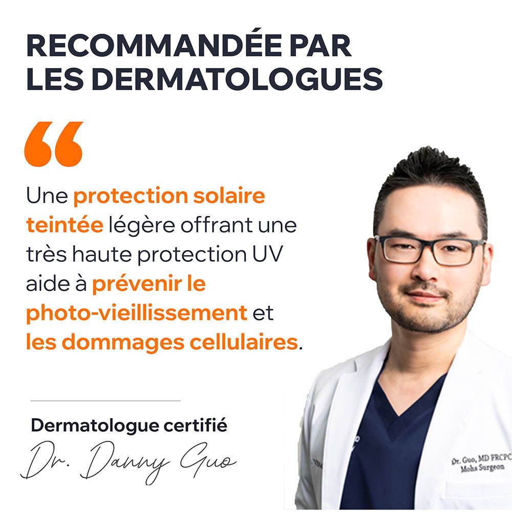 Dermatologue certifié. Citation sur crème solaire teintée haute protection UV.