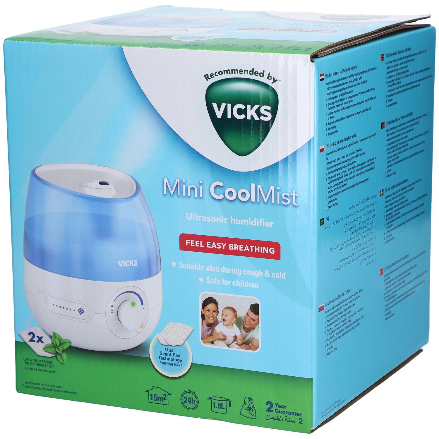 Vicks Mini CoolMist Luftbefeuchter in Verpackung. Blaue und weiße Farben, grüne Akzente. Empfohlen von Vicks. Enthält 2 Menthol-Pads.