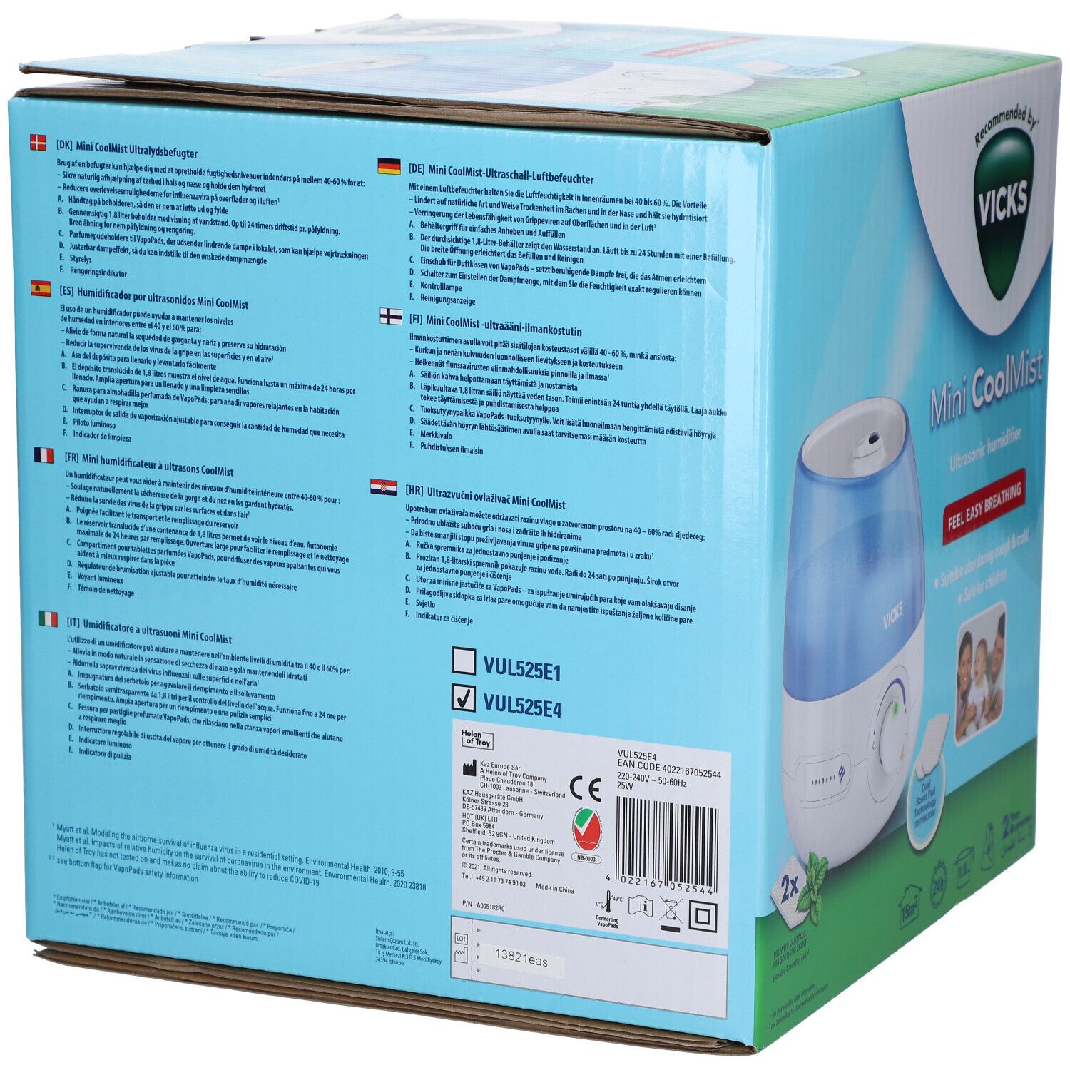 Rückseite der Vicks Mini CoolMist Verpackung. Mehrsprachige Texte, Produktabbildung. Vicks Logo. Informationen zu Inhaltsstoffen und Gebrauch.