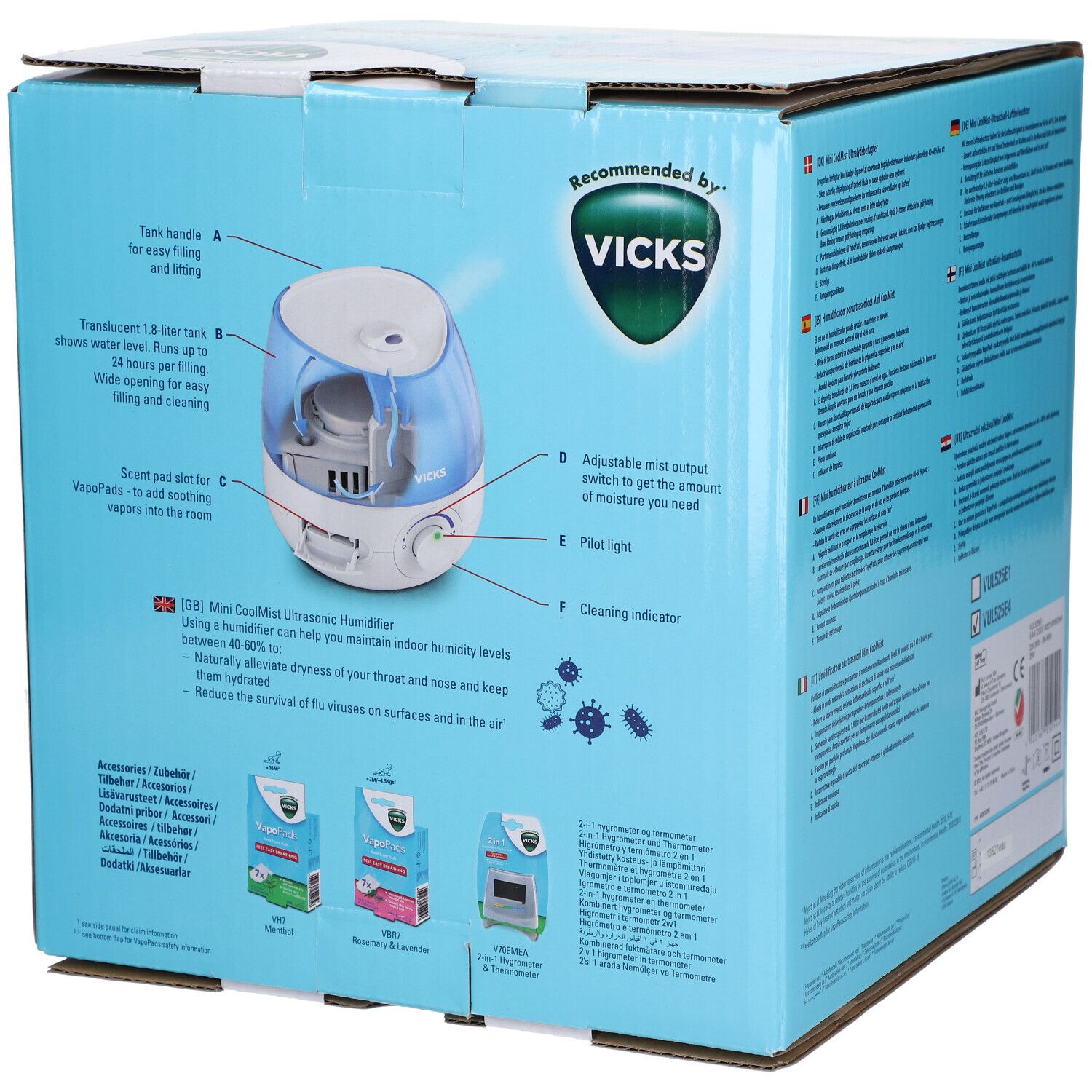 Vicks Mini CoolMist Verpackung, Detailansicht. Produktabbildung mit Beschriftungen. Informationen zur Funktion und Zubehör.