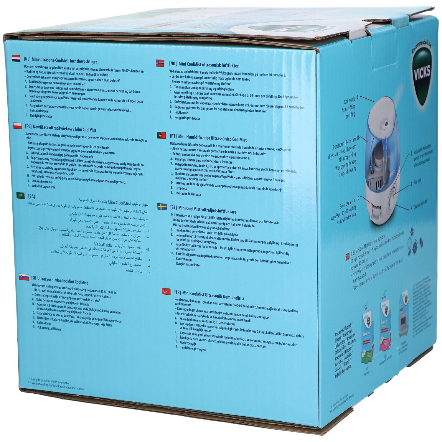 Rückseite der Vicks Mini CoolMist Verpackung. Mehrsprachige Texte, Produktabbildung. Vicks Logo. Informationen zu Inhaltsstoffen und Gebrauch.