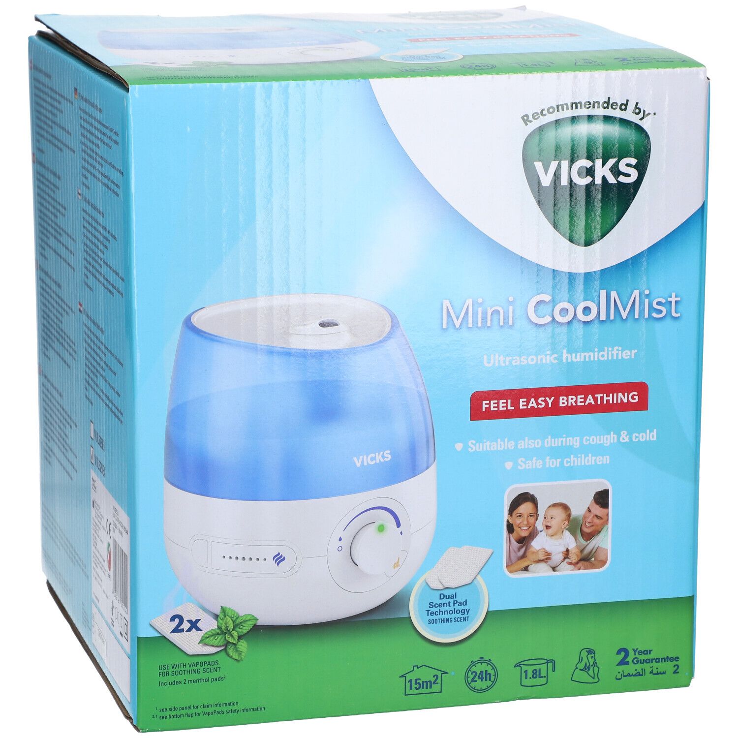 Vicks Mini CoolMist Luftbefeuchter in Verpackung. Blaue und weiße Farben, grüne Akzente. Empfohlen von Vicks. Enthält 2 Menthol-Pads.