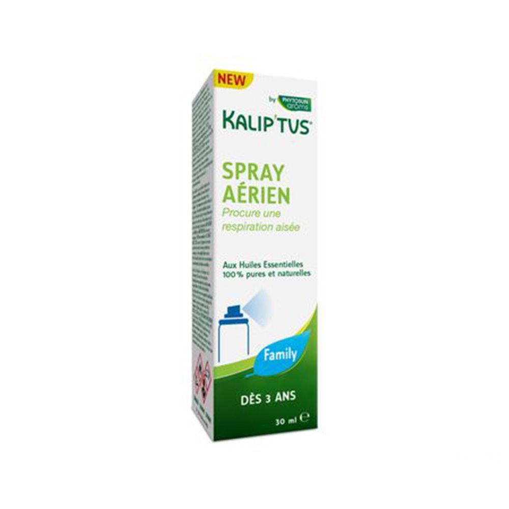 Schachtel mit Produktaufdruck. Aufschrift: KALIP'TUS, SPRAY AÉRIEN, Dès 3 ans. Enthält ätherische Öle.