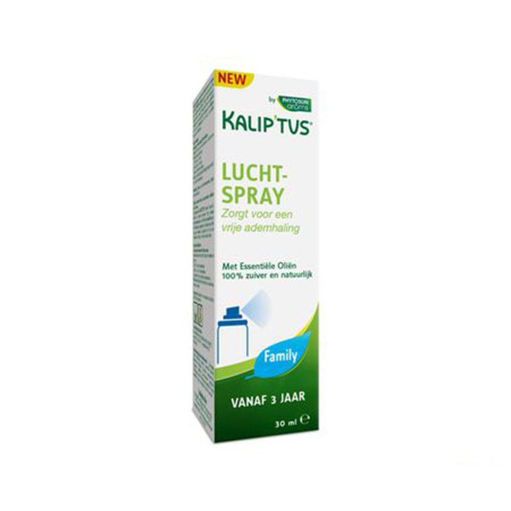Produktverpackung. Aufschrift: KALIP'TUS, LUCHT-SPRAY, vanaf 3 jaar. Enthält ätherische Öle.