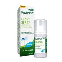 Produkt und Verpackung. Weiße Sprühflasche und Schachtel. Aufschrift: KALIP'TUS, LUCHT-SPRAY, vanaf 3 jaar.