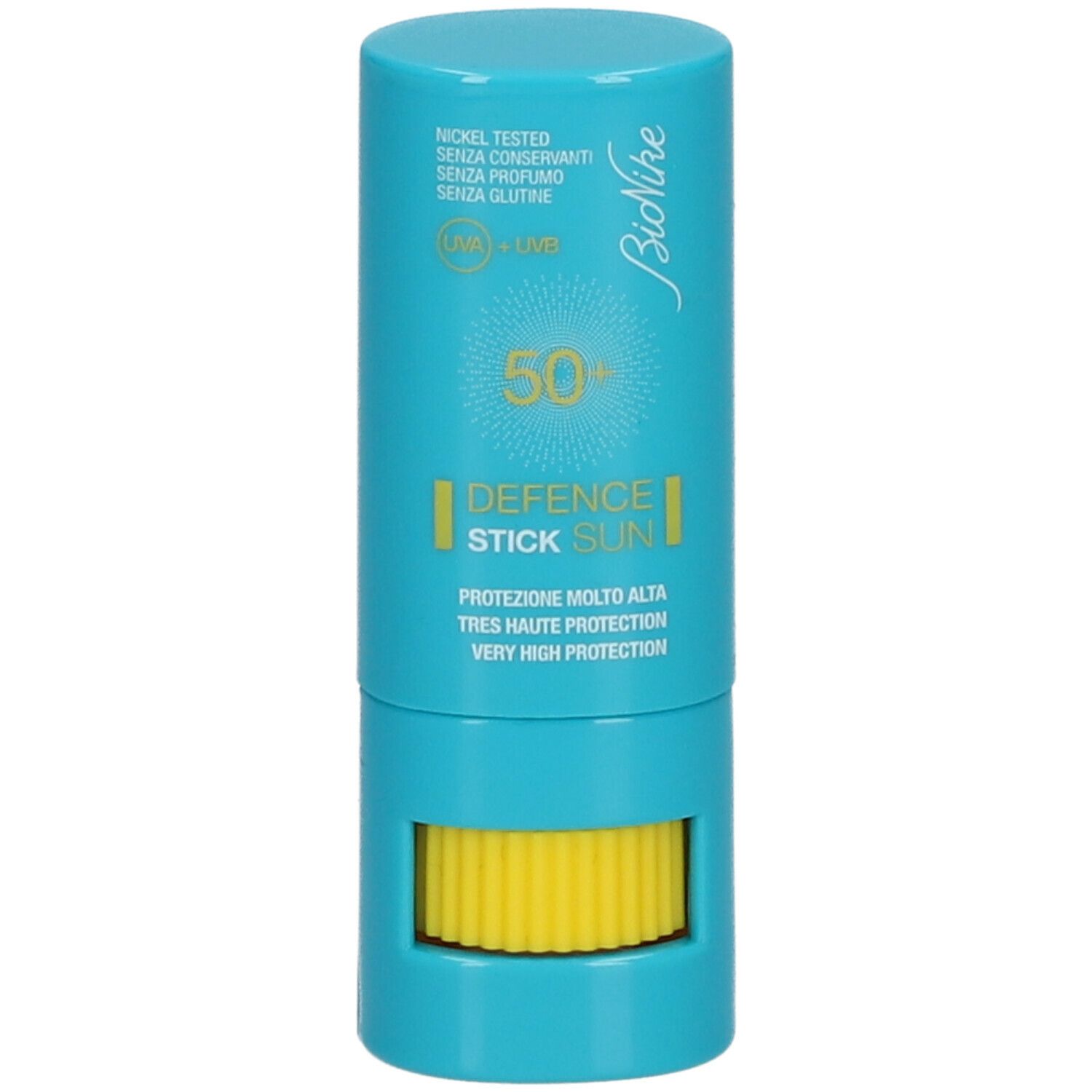 Stick bleu avec mécanisme rotatif jaune. Inscriptions: BioNike, DEFENCE SUN, 50+. Informations sur la protection et les ingrédients.