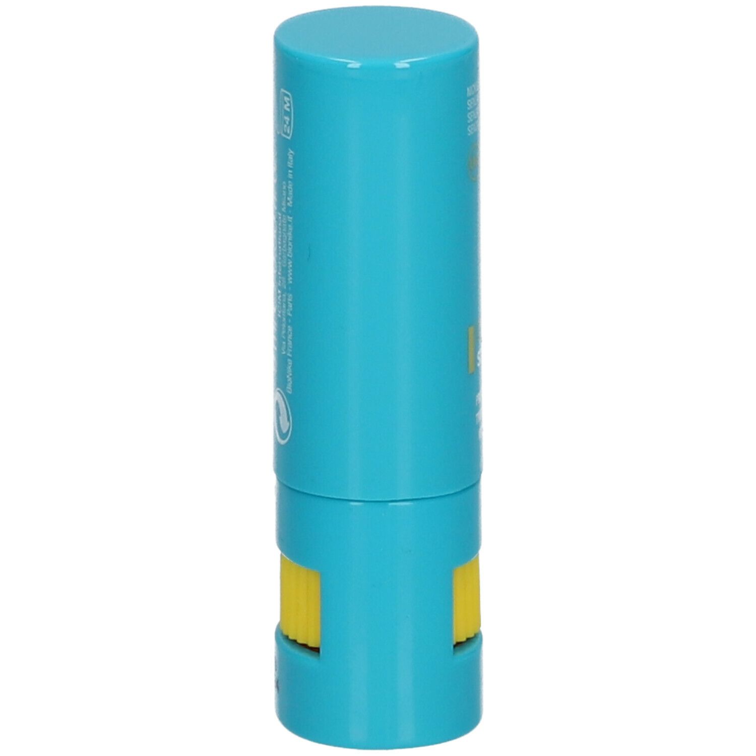 Stick bleu avec mécanisme rotatif jaune. Inscriptions non visibles. Contient des informations sur les ingrédients et le fabricant.