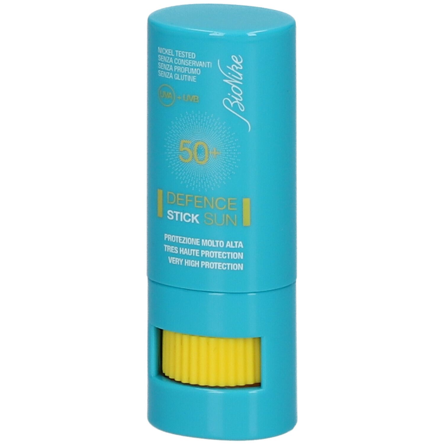 Stick bleu avec mécanisme rotatif jaune. Inscriptions: BioNike, DEFENCE SUN, 50+. Informations sur la protection et les ingrédients.