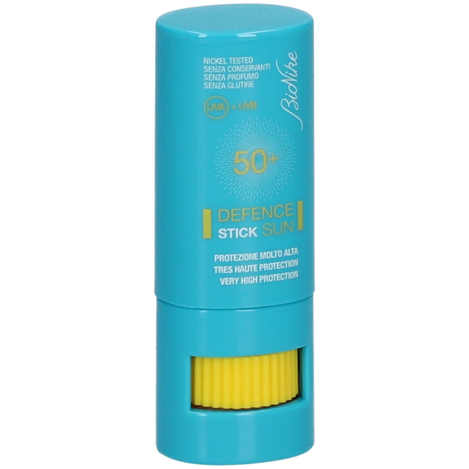 Stick bleu avec mécanisme rotatif jaune. Inscriptions: BioNike, DEFENCE SUN, 50+. Informations sur la protection et les ingrédients.