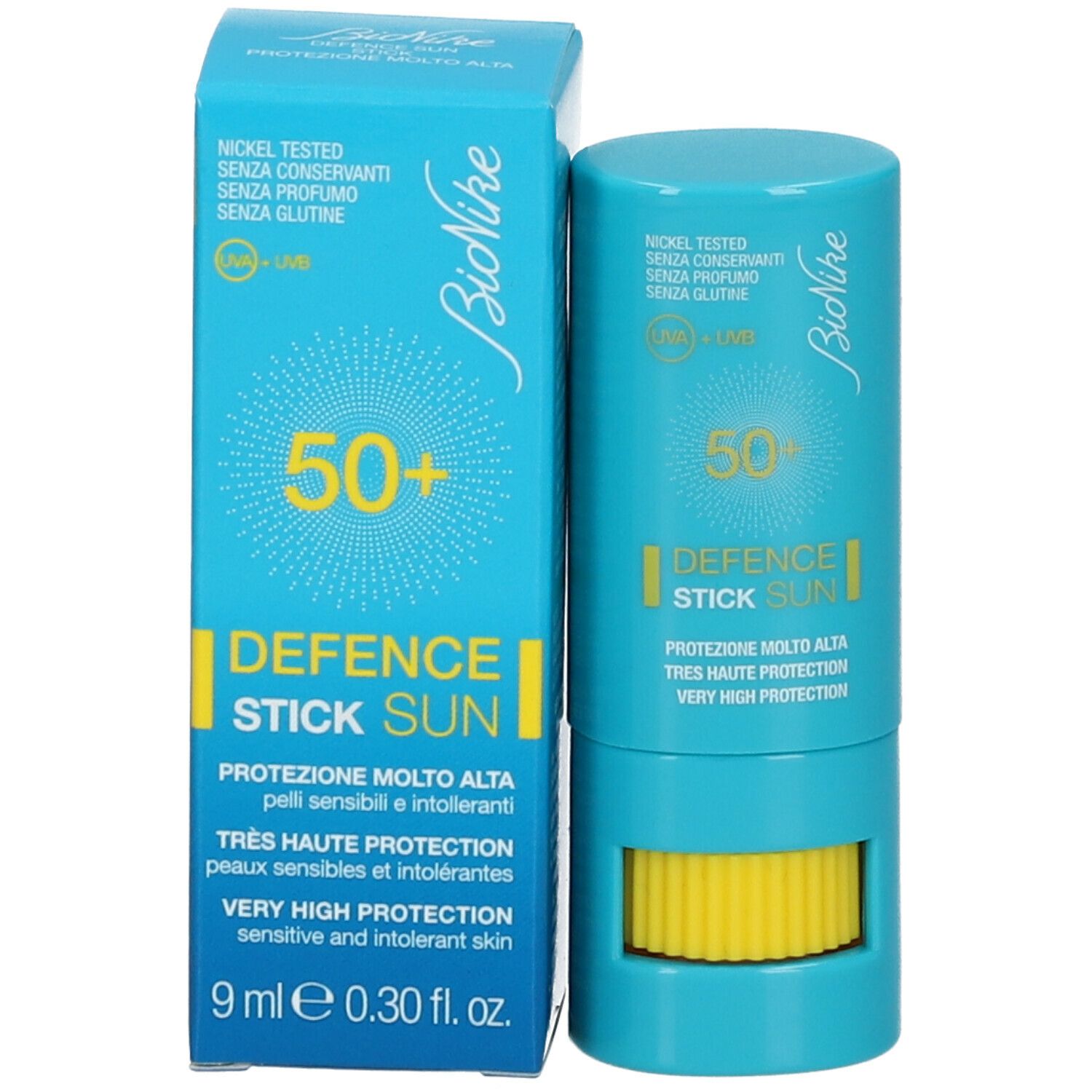 Emballage du produit avec stick bleu et boîte. Inscriptions: BioNike, DEFENCE SUN, 50+. Informations sur la protection et les ingrédients.