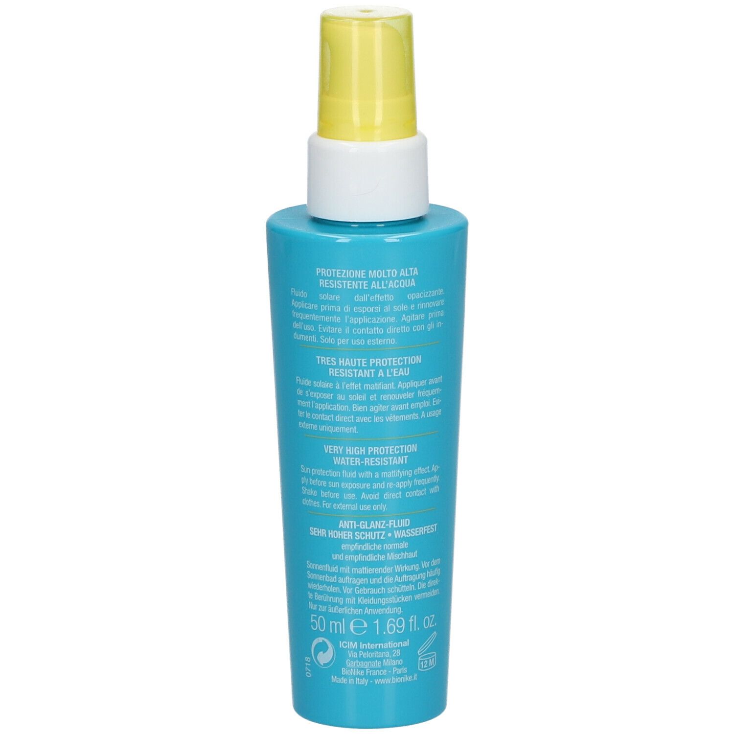 Flacon bleu turquoise avec vaporisateur jaune. Dos avec texte multilingue, dont '50 ml'.