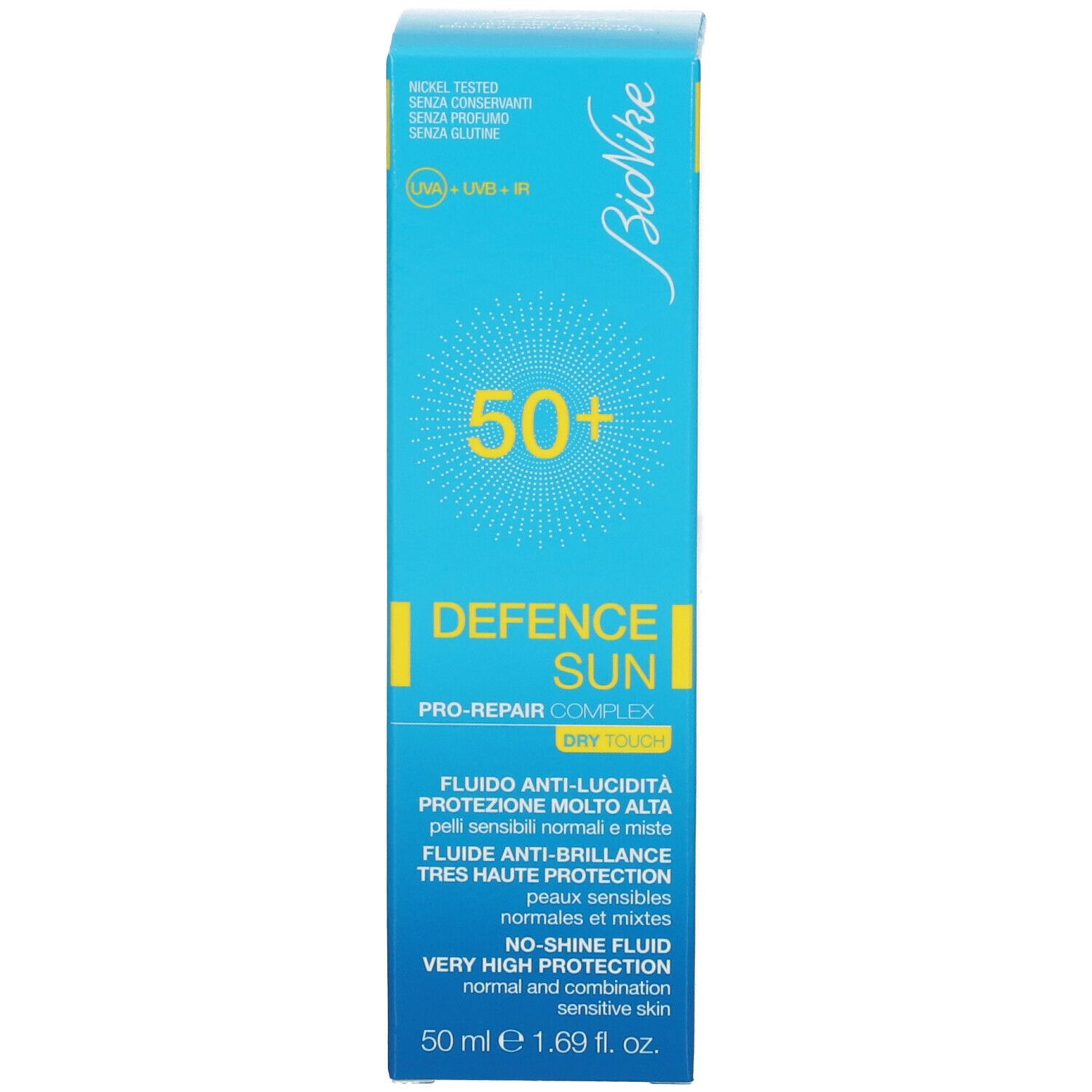 Boîte bleu turquoise. Inscriptions : Bionike, 50+, Defence Sun, Fluide Anti-Brillance. Avec '50 ml'.