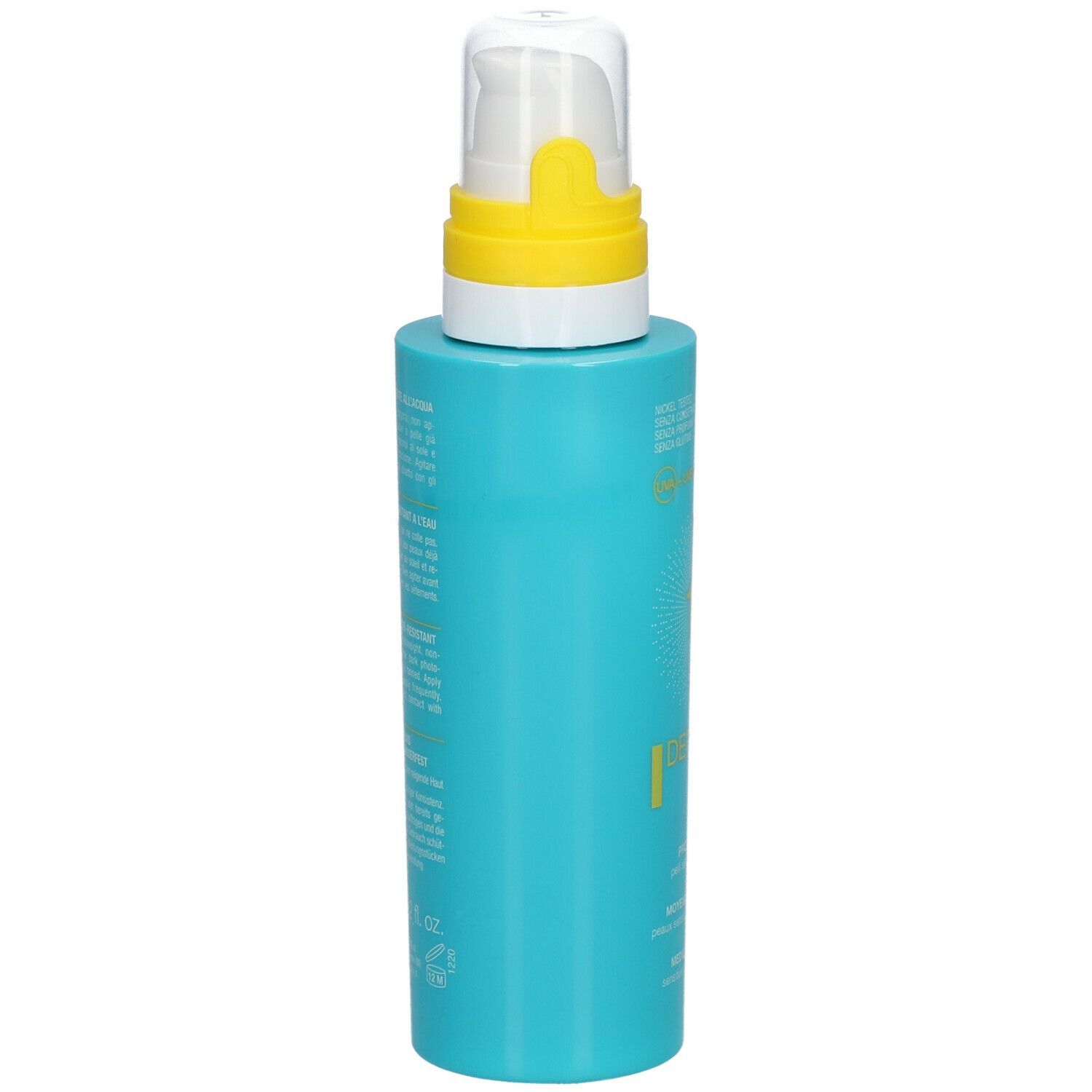 Türkisblaue Flasche mit gelbem Pumpkopf. Aufschrift und Text auf der Seite.  