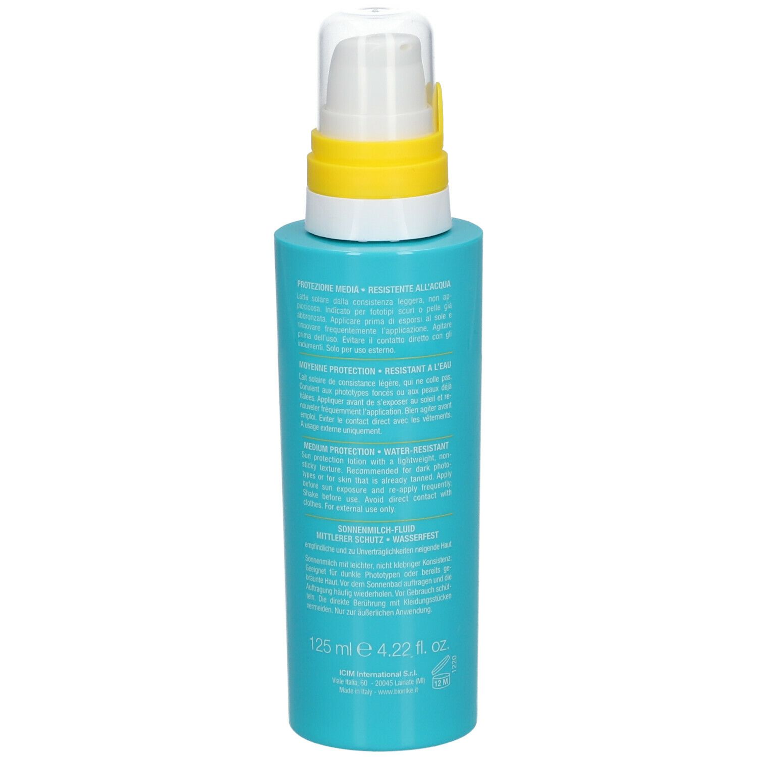 Türkisblaue Flasche mit gelbem Pumpkopf. Rückseite mit Text. Volumen: 125 ml.