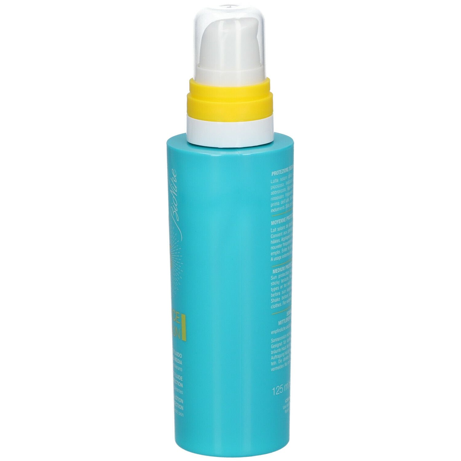 Türkisblaue Flasche mit gelbem Pumpkopf. Aufschrift und Text auf der Seite. Volumen: 125 ml.