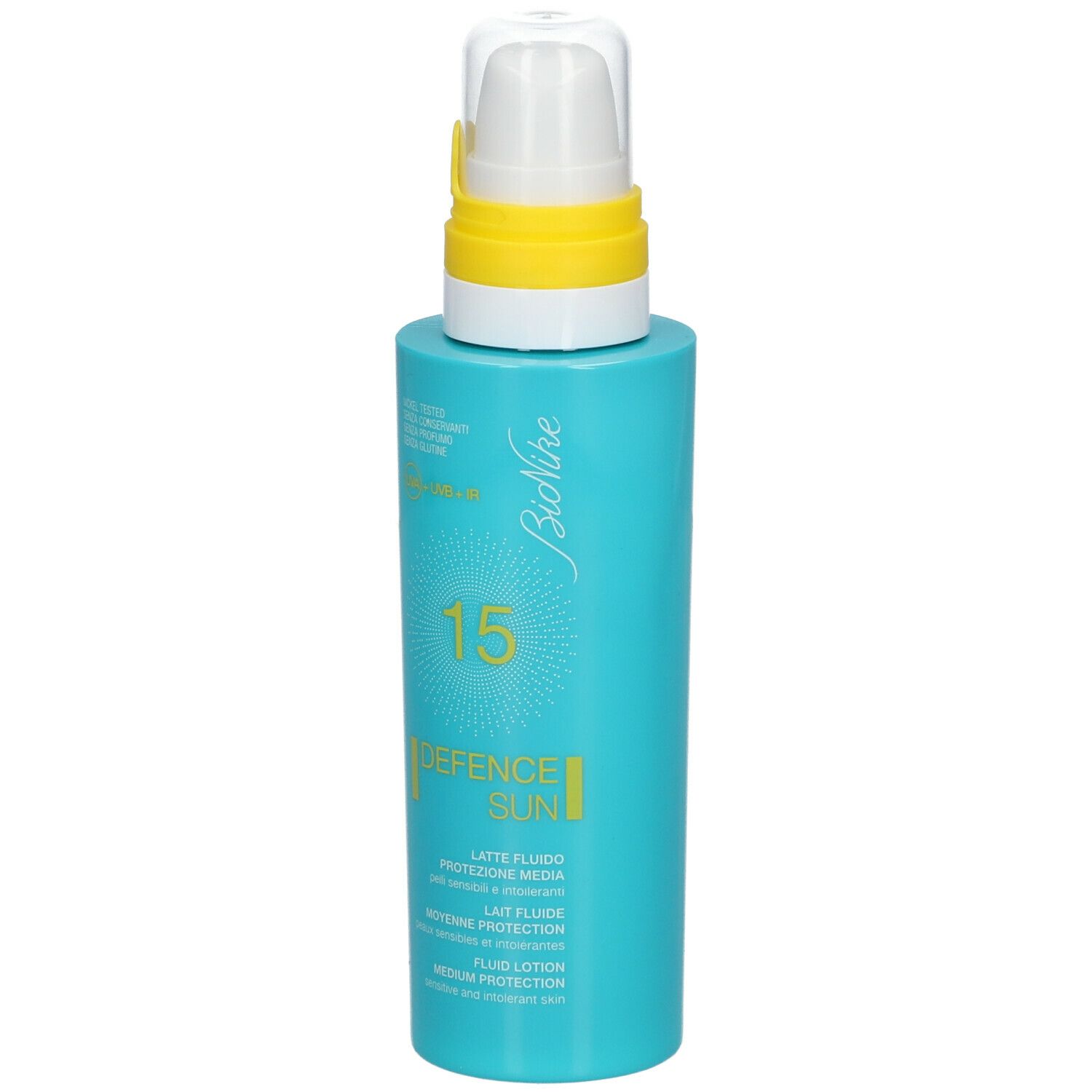 Türkisblaue Flasche mit gelbem Pumpkopf. Aufschrift: 15, DEFENCE SUN, Lait Fluide, Protection Moyenne, Fluid Lotion.