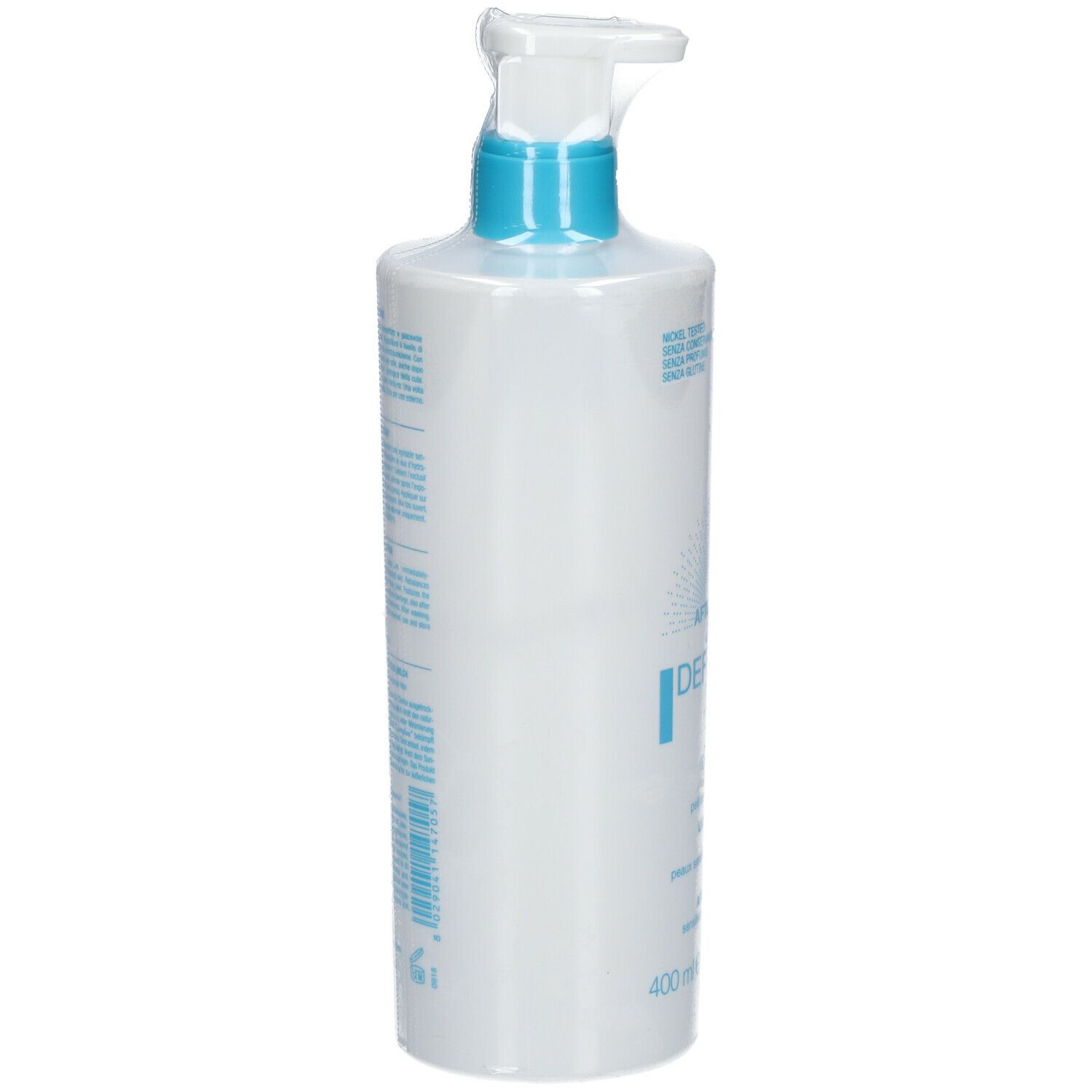 Weiße Flasche mit blauem Pumpkopf. Auf der Seite Text und Marke BioNike. 400 ml.  Verpackung.