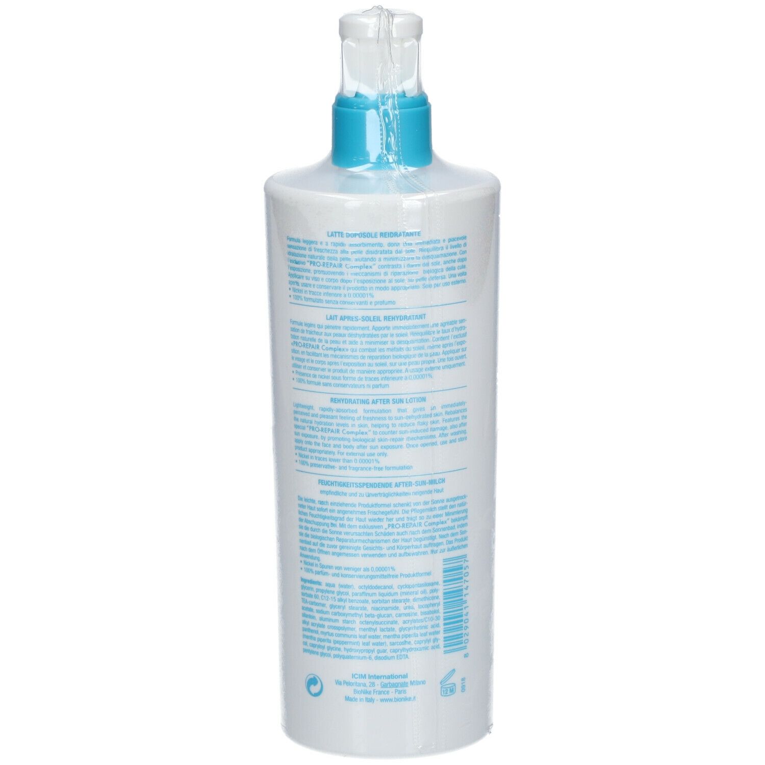 Weiße Flasche mit Text. Rückseite mit Produktinformationen. Marke BioNike. Verpackung.