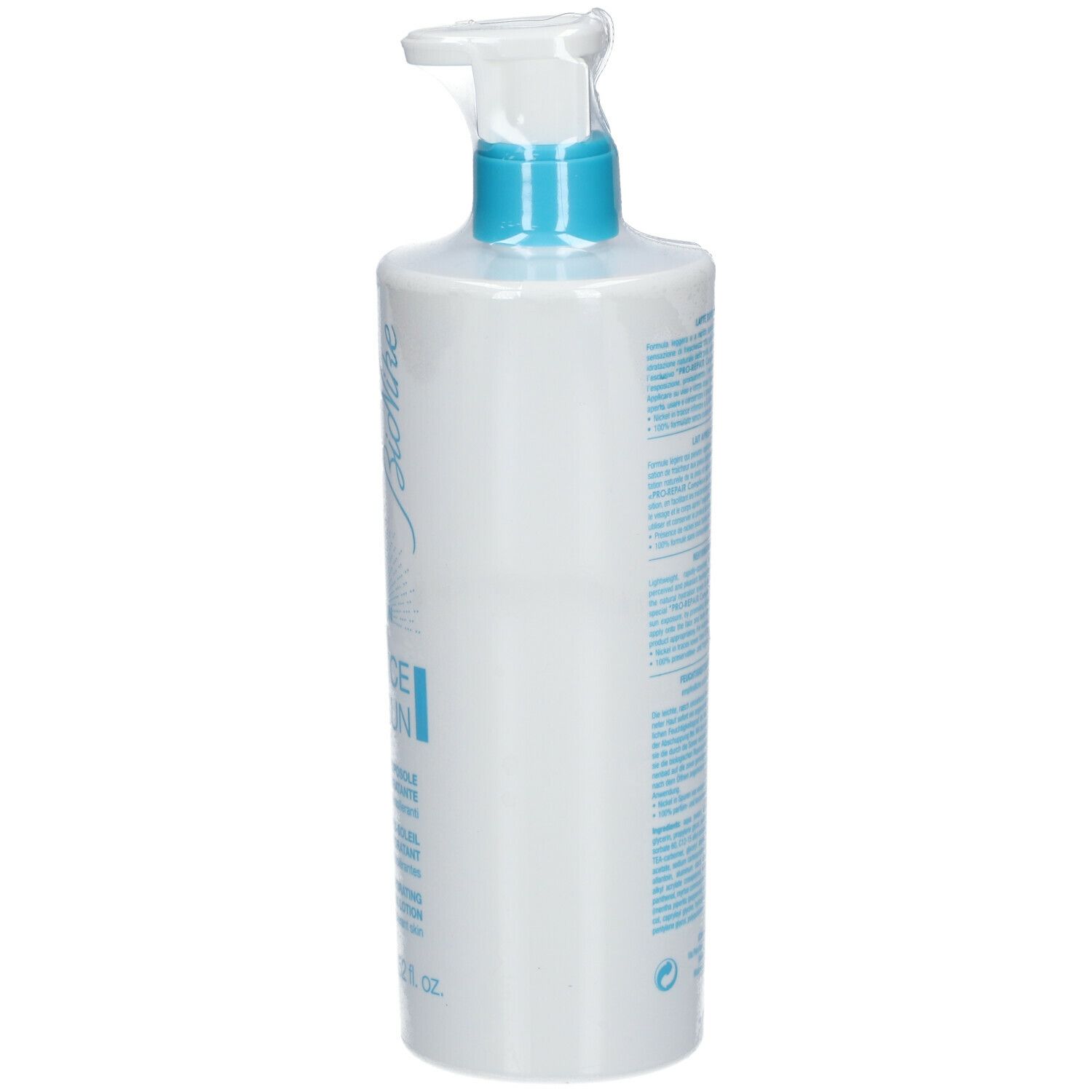 Weiße Flasche mit blauem Pumpkopf. Auf der Seite Text und Marke BioNike. Verpackung.