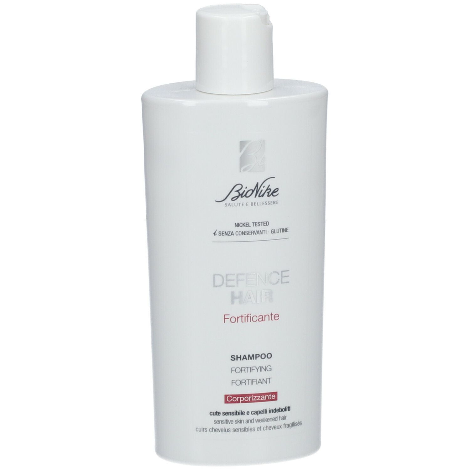 Flacon de shampooing blanc. Inscriptions: BioNike, DEFENCE HAIR Fortificante. Texte en italien.