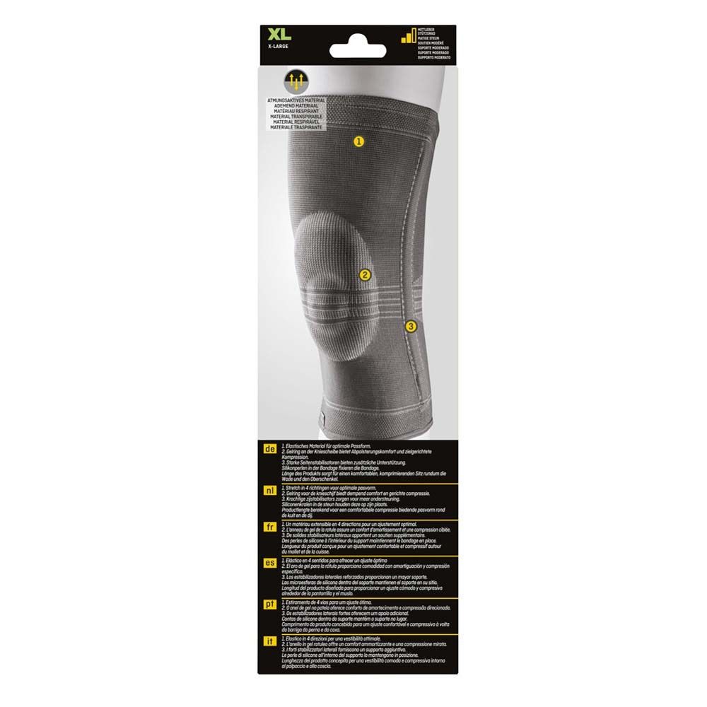 Kniebandage. Verpackung, Rückseite. Produktansicht. Größenangaben. 3M™ Futuro™ Ultra Performance.