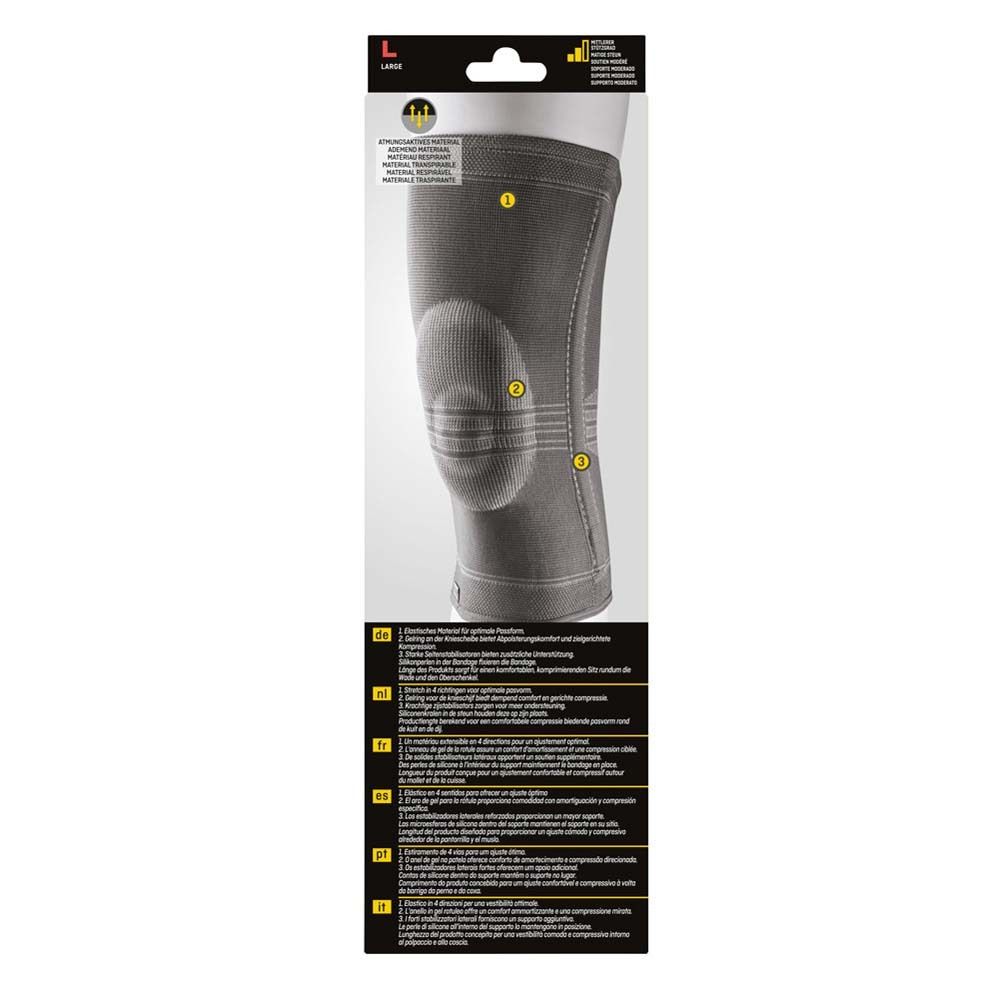 Rückseite der Futuro Kniestabilisierungsbandage Verpackung. Produktabbildung und Informationen.