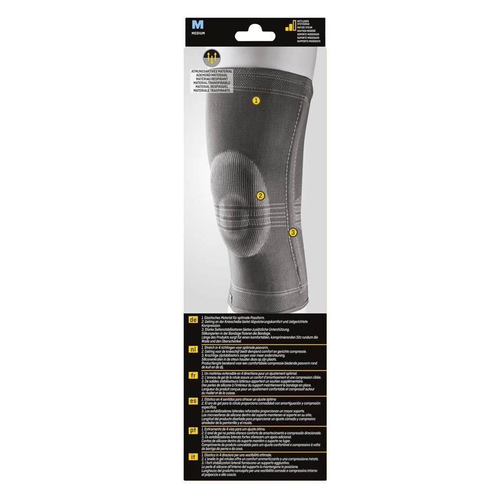 Kniebandage, grau. Detailansicht. Vorderseite. Material: Stoff.