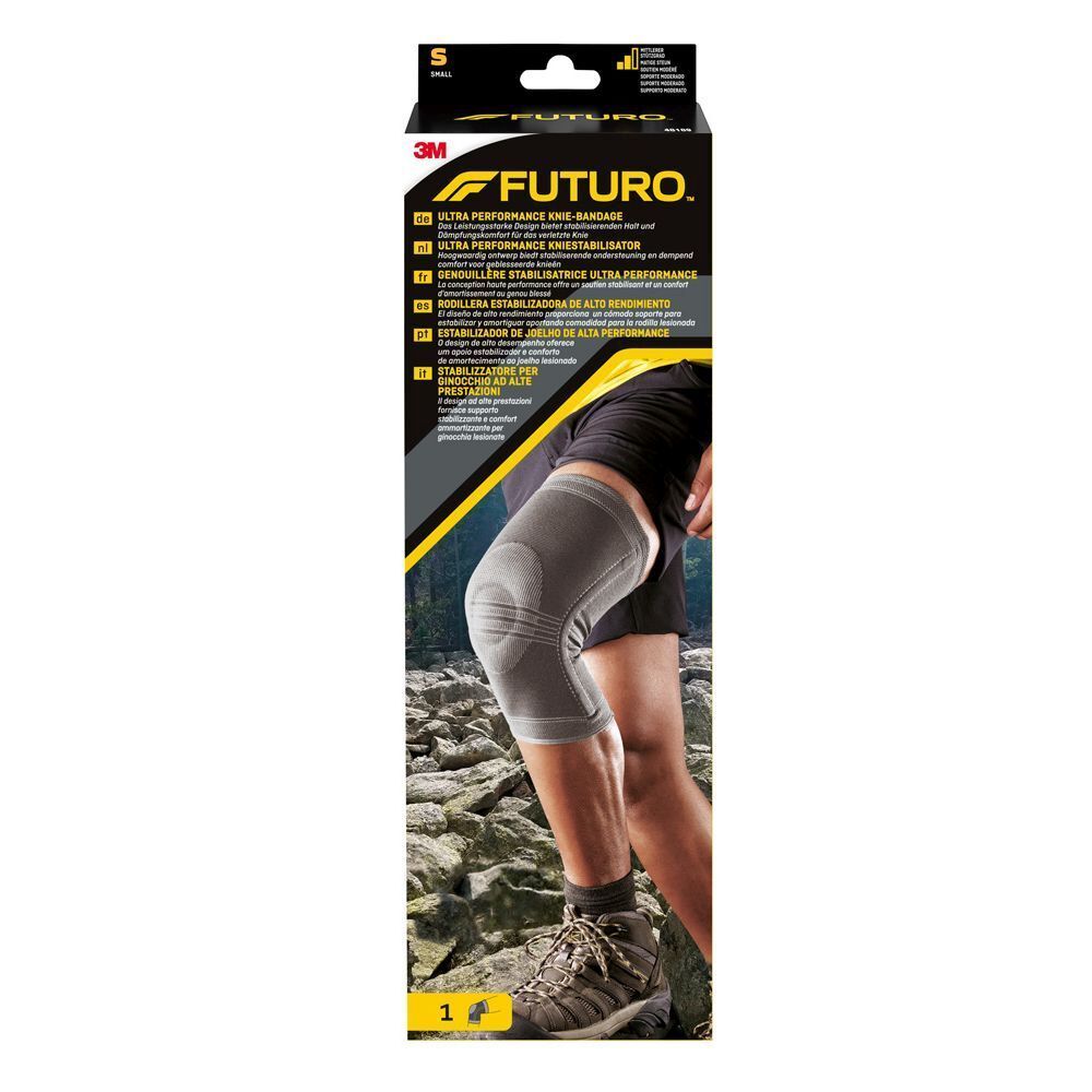 Genouillère grise. 3M™ Futuro™. Emballage avec image du produit.