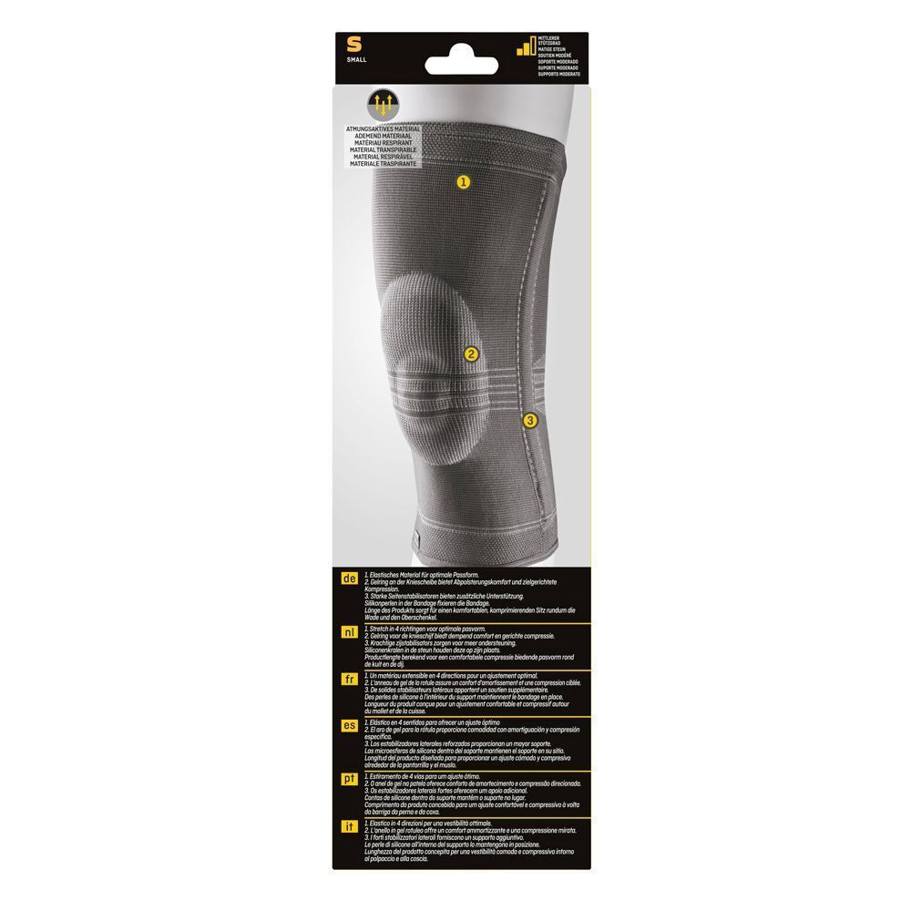 Genouillère grise. 3M™ Futuro™. Verso de l'emballage avec image du produit.