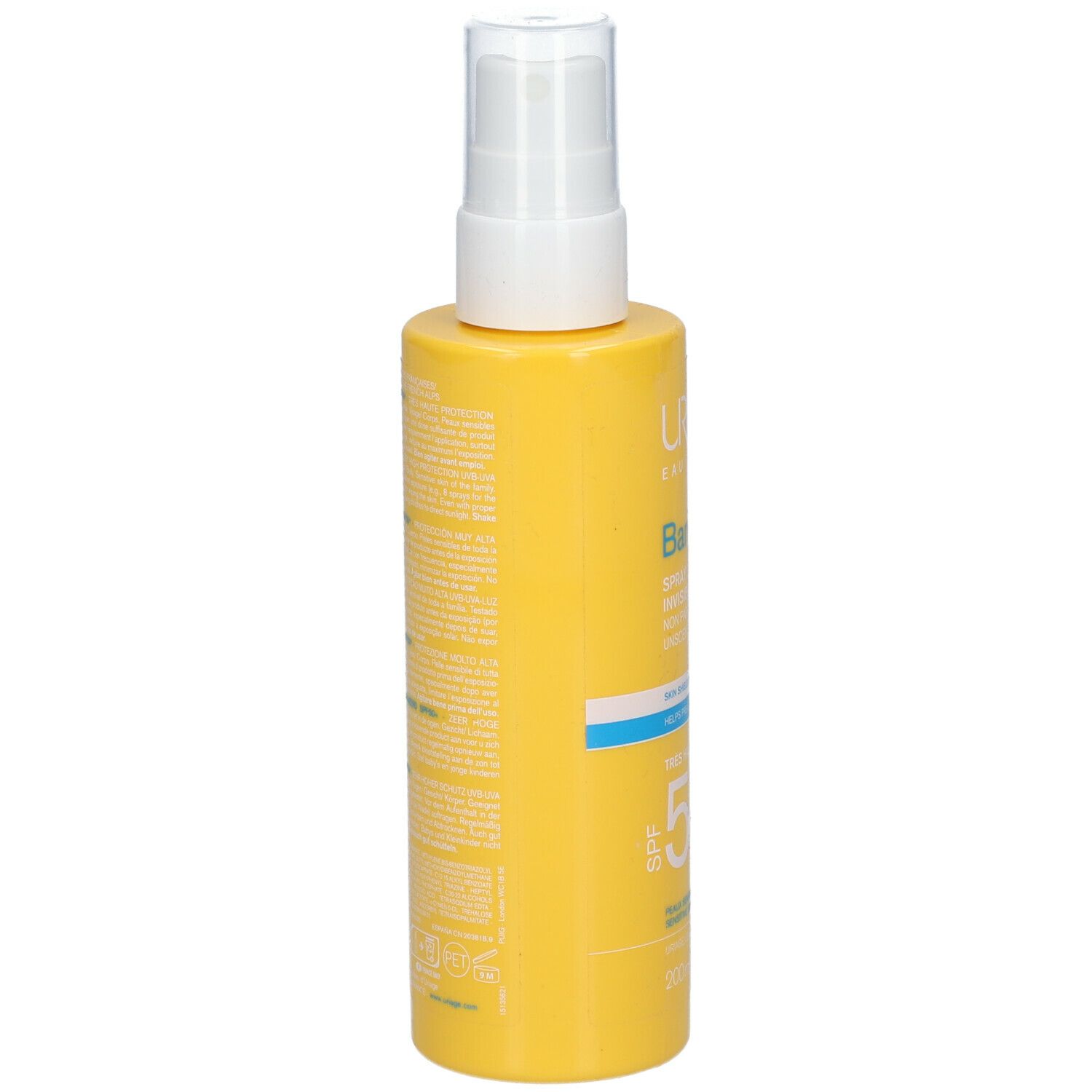 Gelbe Sprayflasche, Rückseite. Text. URIAGE, Bariésun, unsichtbares Spray SPF50. Wasserfest.